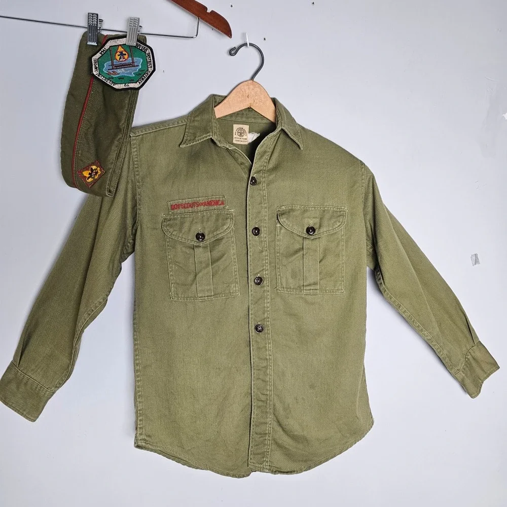 Boy Scouts of America Kids Vintage Patched Uniform 12 Shirt Hat Green 1960s BSA